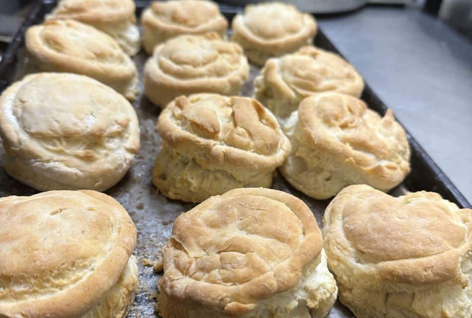 A cookie sheet with rows of freshly baked golden brown biscuits