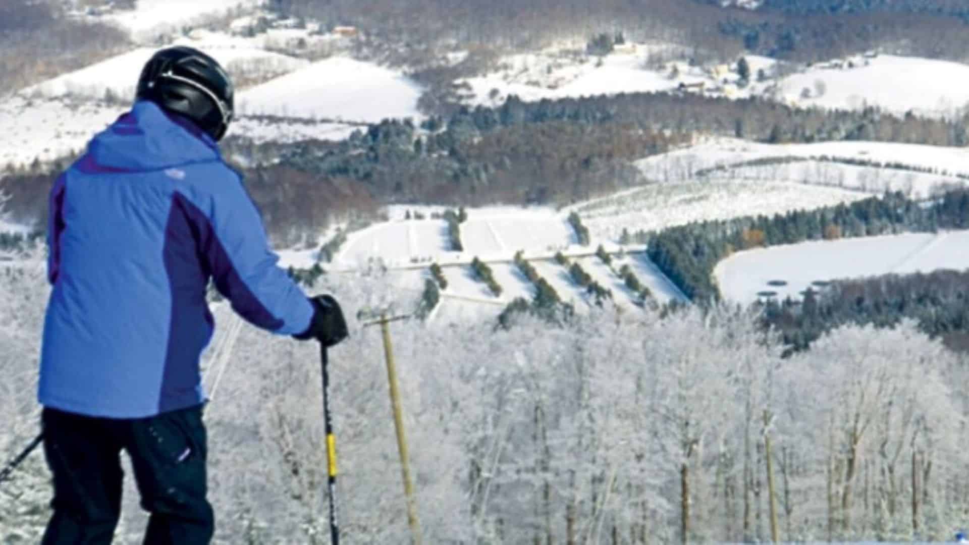 A person in a coat and ski pants, holding ski poles and standing at the top of a hill overlooking a vast snow-covered valley