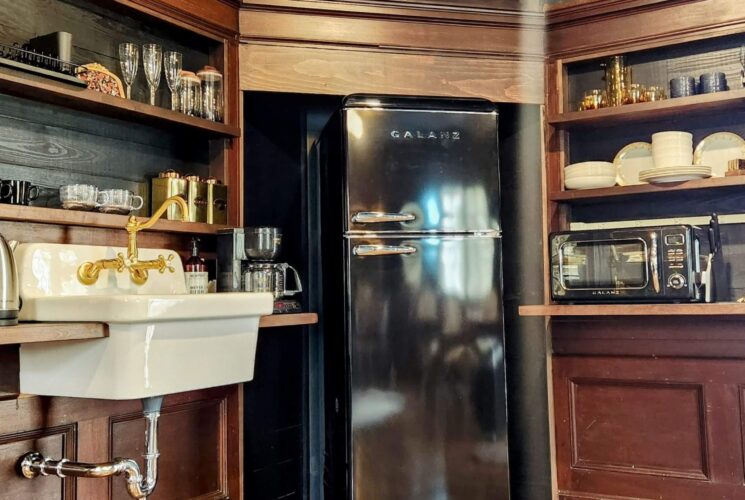 Unique kitchen with dark wood cabinets, fridge, utility sink wth gold faucet, open shelving with white plates